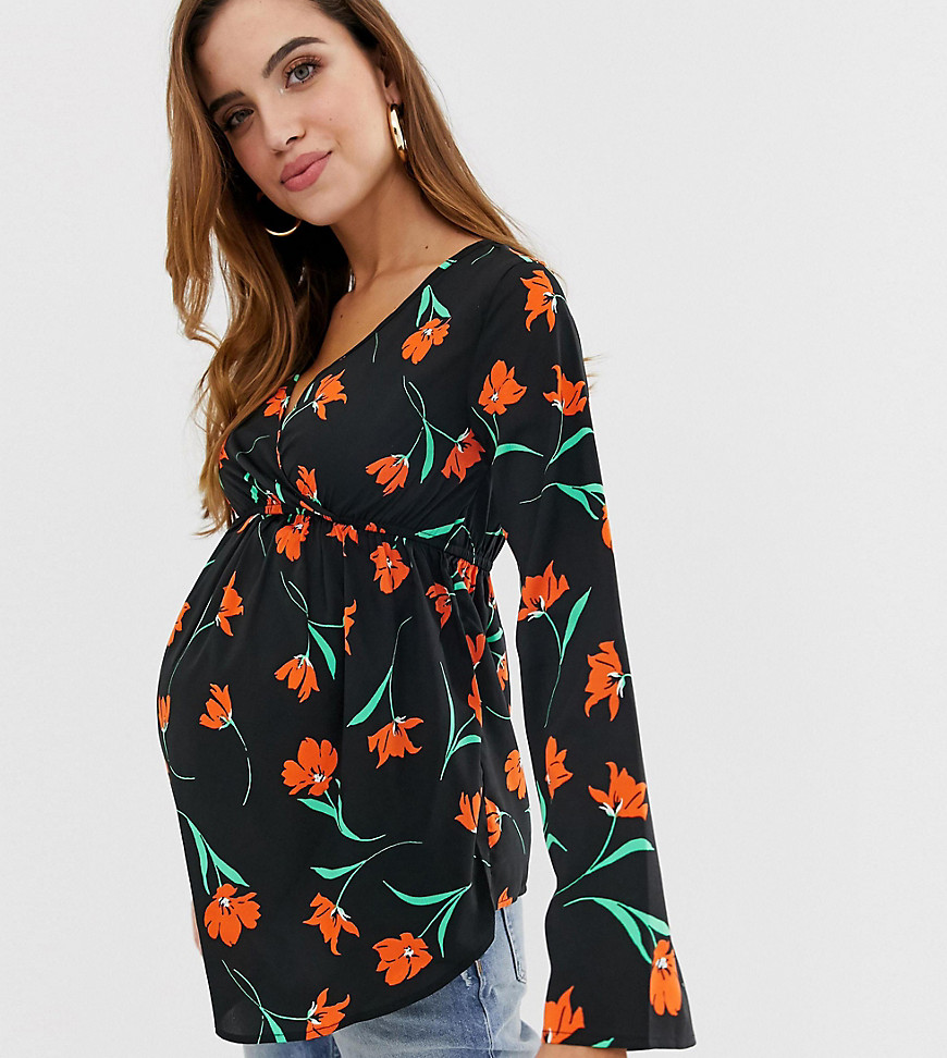 Influence Maternity wrap front floral blouse with flared sleeves