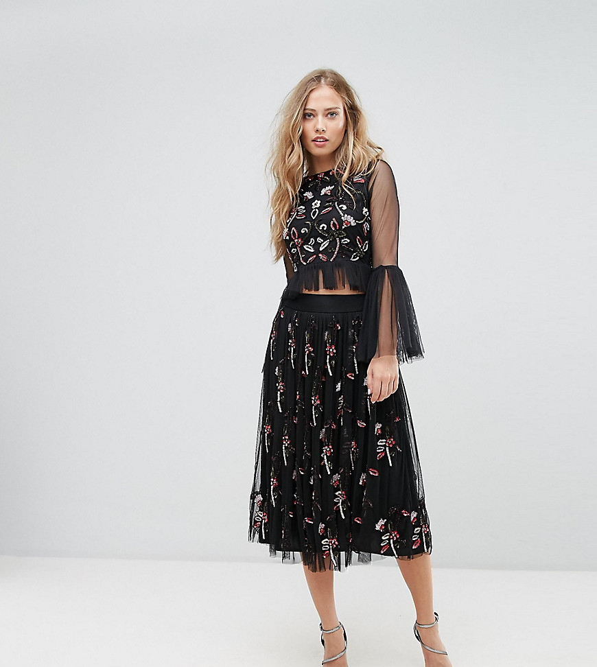 Lace & Beads Midi Skirt in 3D Embellishment - Black/multi