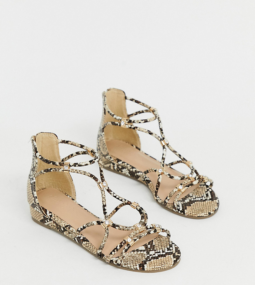 Simply Be extra wide foot flat sandals with cross front detail in snake
