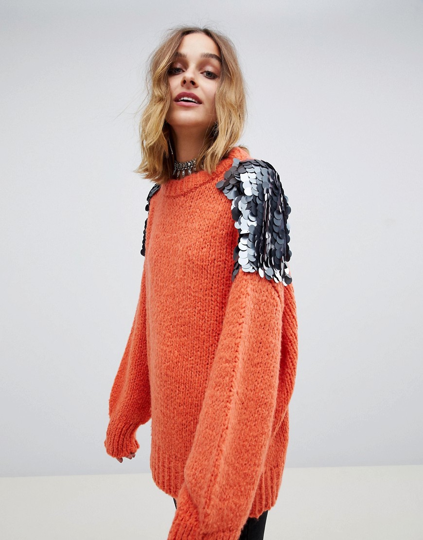 Native Rose oversized chunky knit jumper with large sequin shoulders