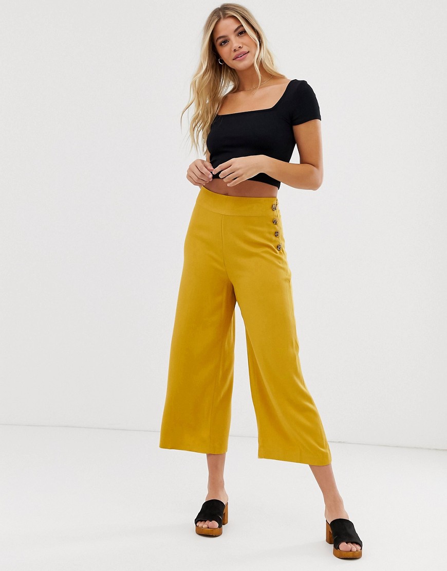 Oasis wide leg trousers with button side in yellow