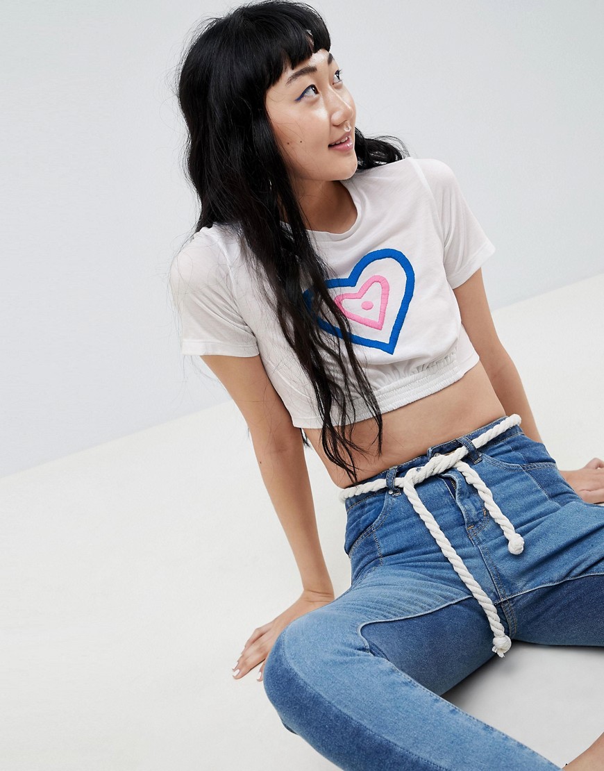 ASOS Made In Kenya x Leomie Anderson Cropped T-Shirt With Children's Heart Drawing Hand Embroidered - White