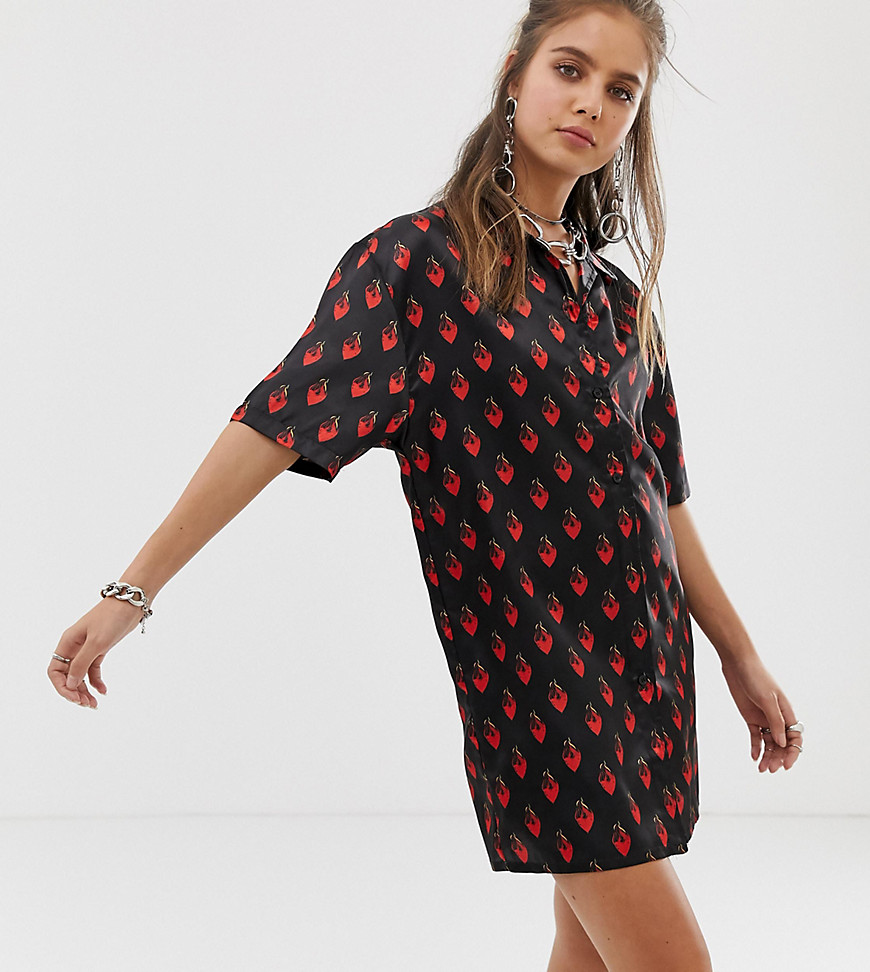 One Above Another relaxed shirt dress in flaming hearts print satin