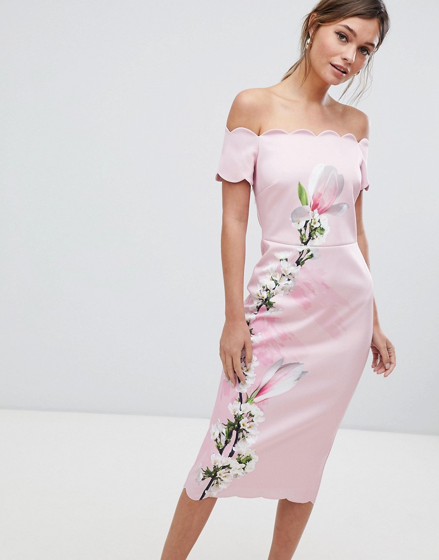 Ted Baker Scalloped Bodycon Dress in Harmony Floral - Dusky pink