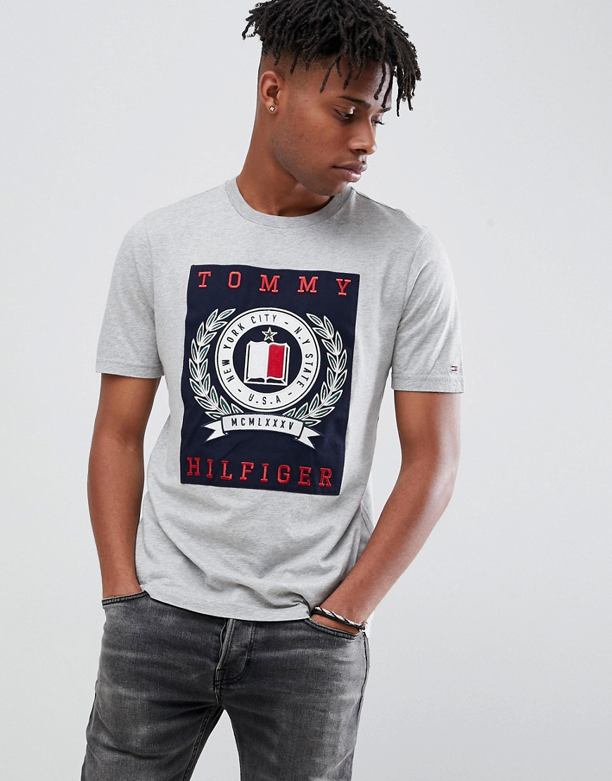 Tommy Hilfiger embroidery crest patch applique fashion slim fit t-shirt in grey marl - Cloud heather