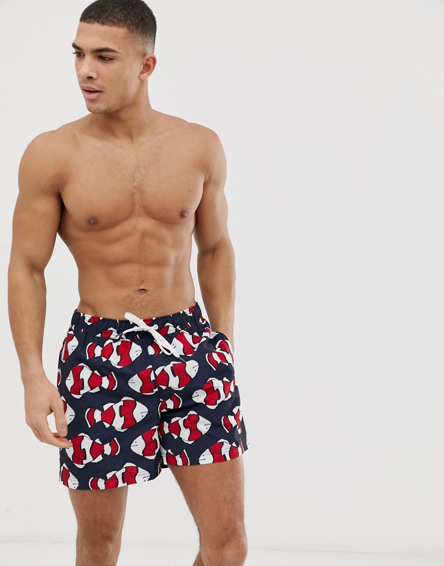 Tommy Hilfiger medium drawstring swim shorts with repeat fish print in navy/red