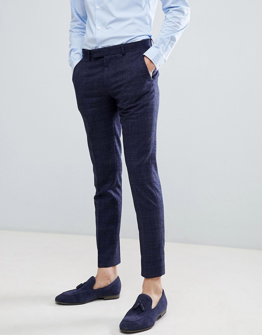 Moss London wedding skinny suit trouser in navy check