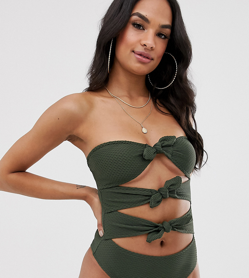 Missguided crinkle bandeau bow front swimsuit in khaki