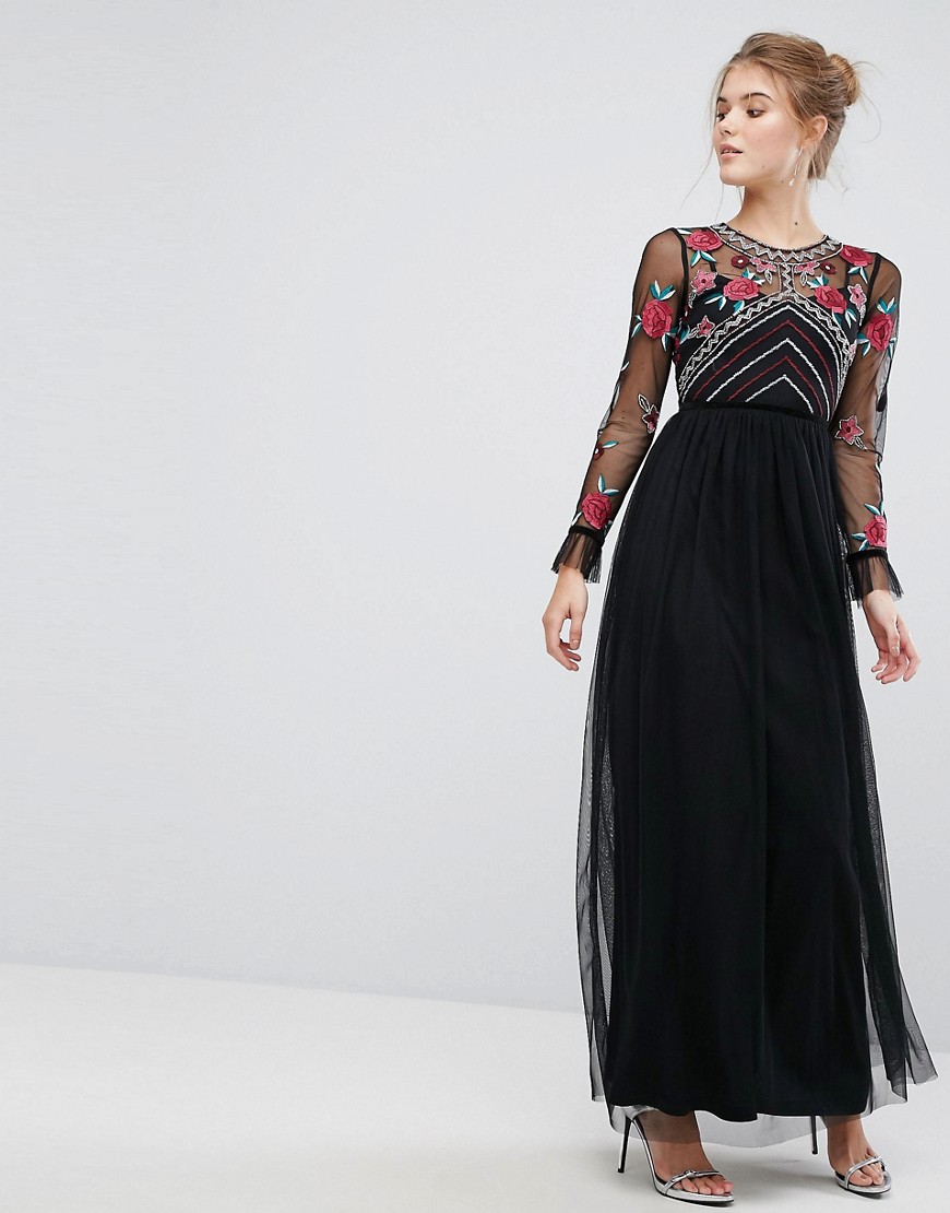 Frock And Frill Premium Embroidered High Neck Long Sleeve Maxi Dress - Black