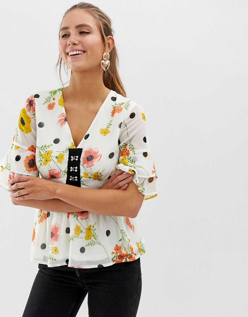 Influence polka dot floral print flutter sleeve blouse