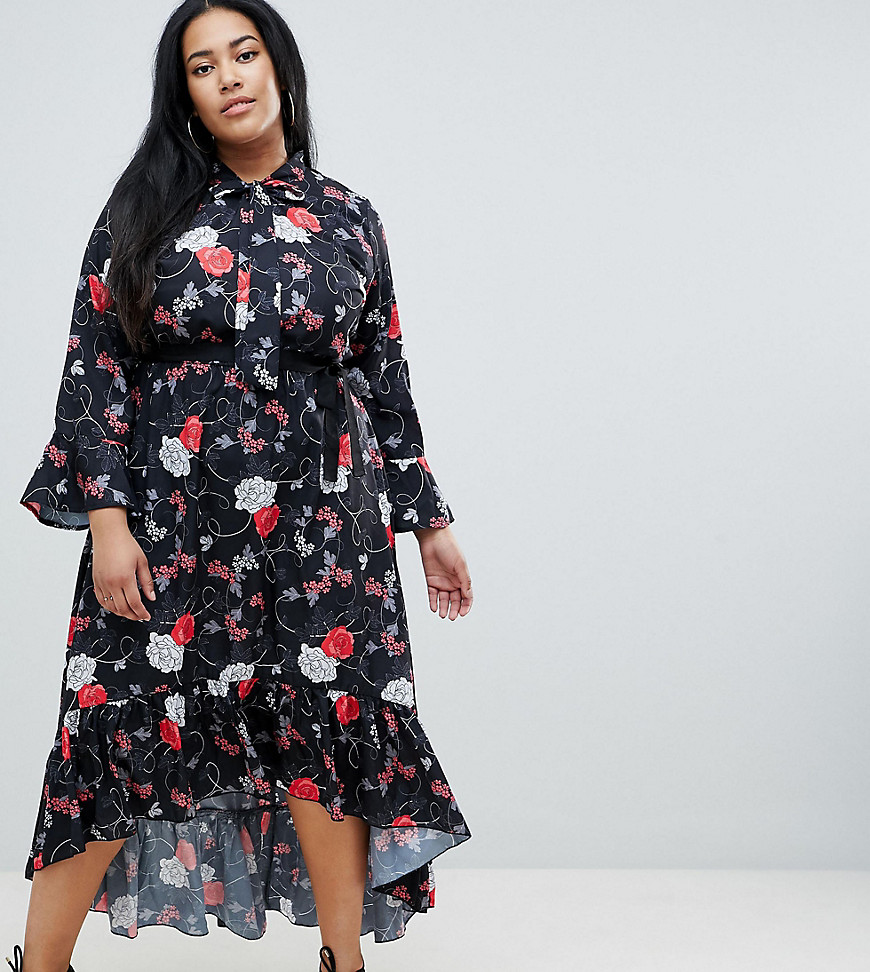 Uttam Boutique Plus Belted Floral Midi Dress With Flute Sleeve