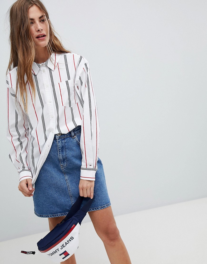 Tommy Jeans Stipe Shirt With Slouch Collar - White/multi