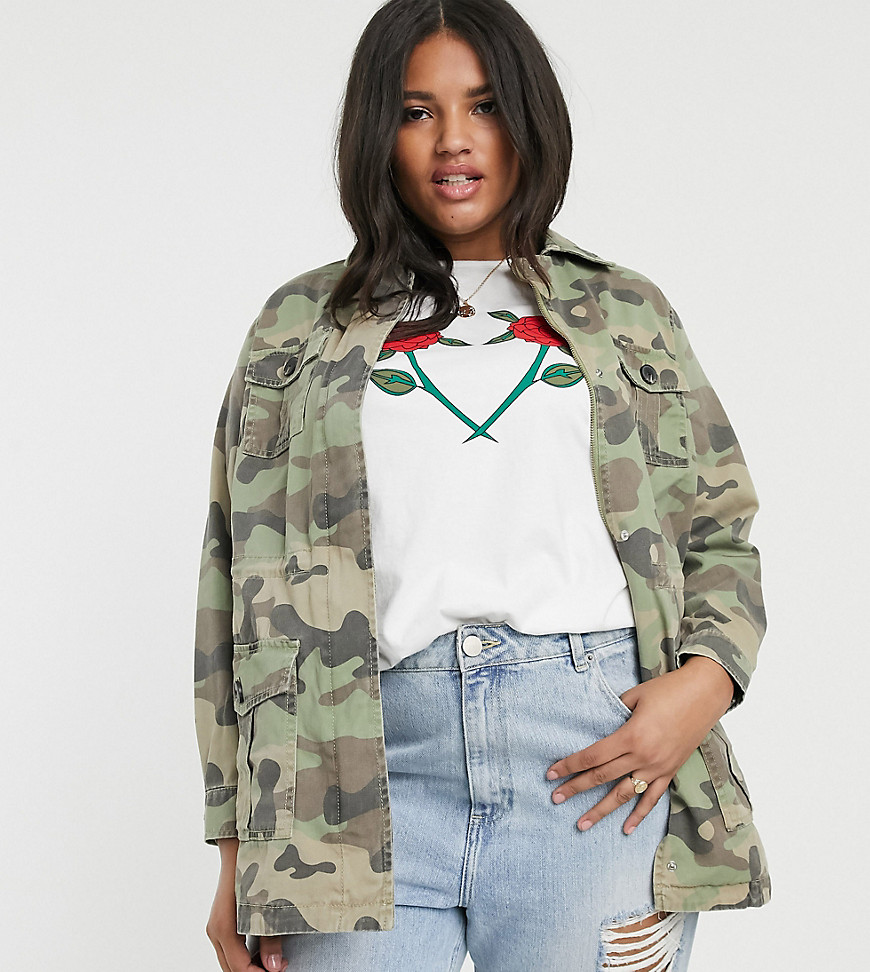 New Look Curve long line utility jacket in camo print