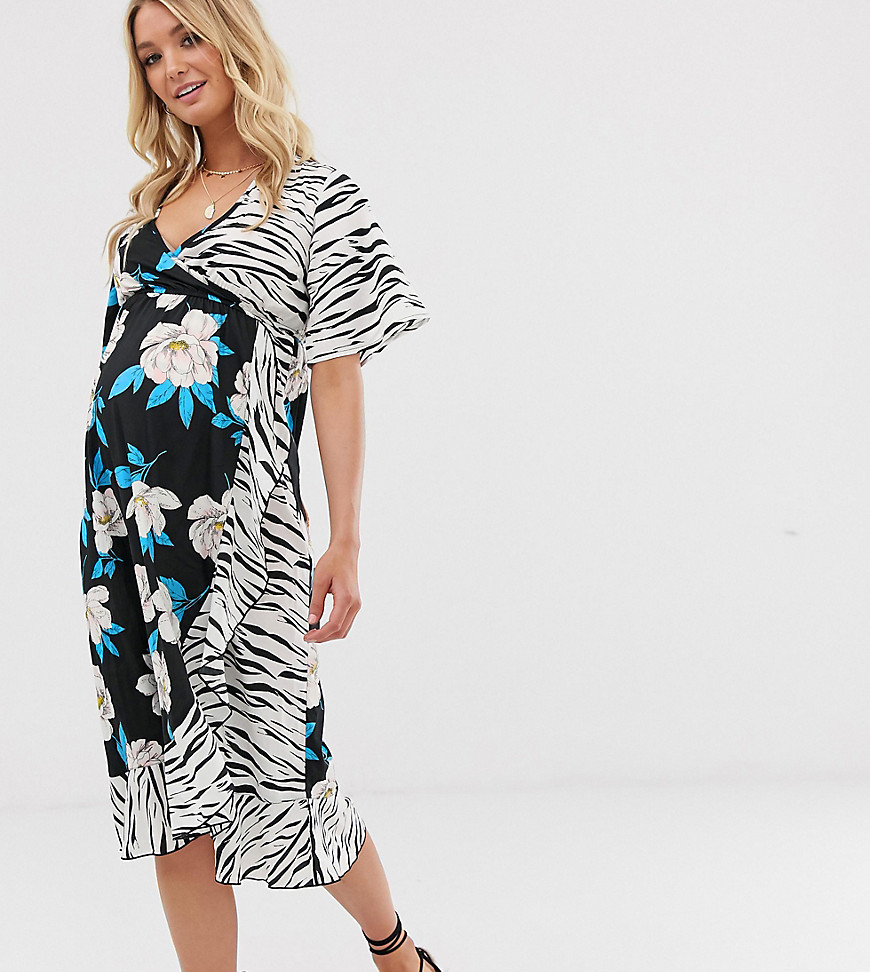 Influence Maternity midi wrap dress in floral zebra print mix
