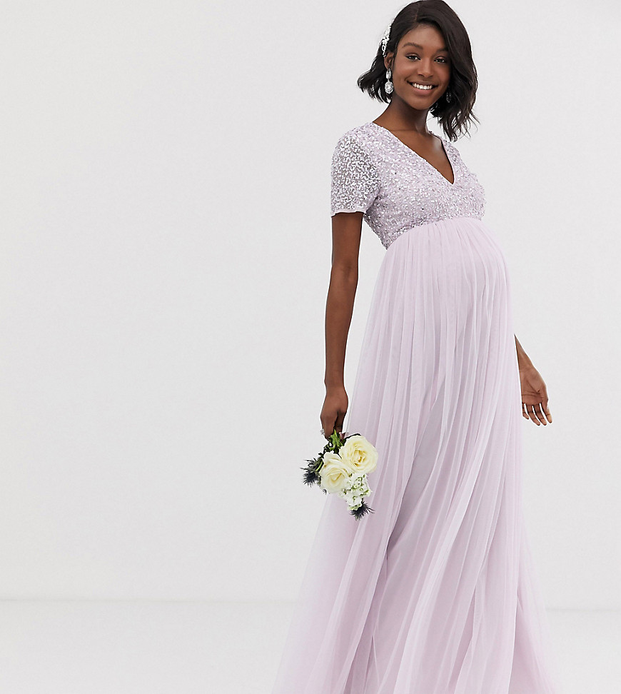 Maya Maternity Bridesmaid v neck maxi tulle dress with tonal delicate sequin in soft lilac