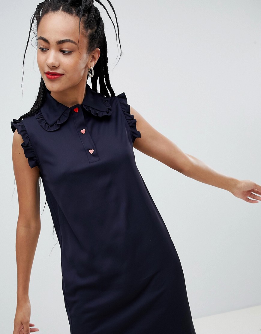 Love Moschino Satin Dress with Contrast Buttons and Frill Sleeve