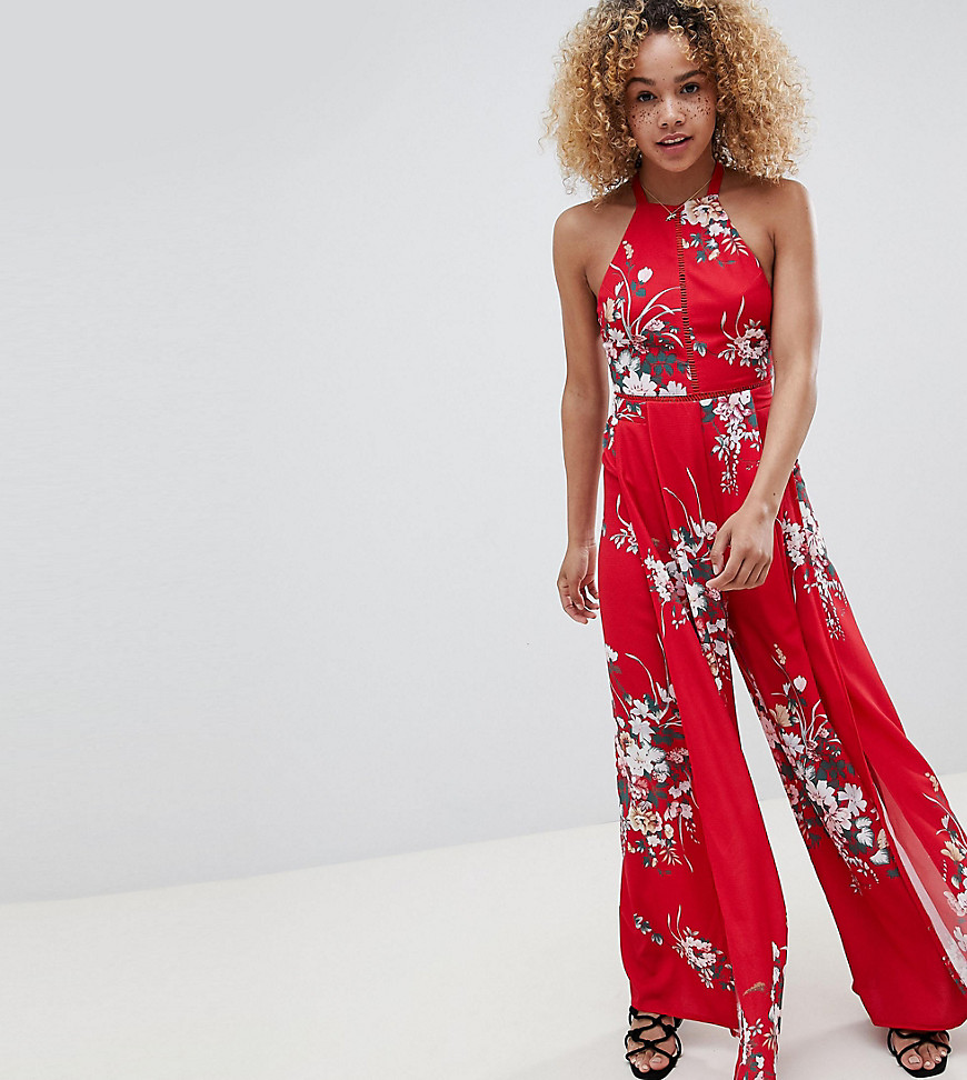 Sisters Of The Tribe Petite High Neck Jumpsuit With Split Legs - Red floral
