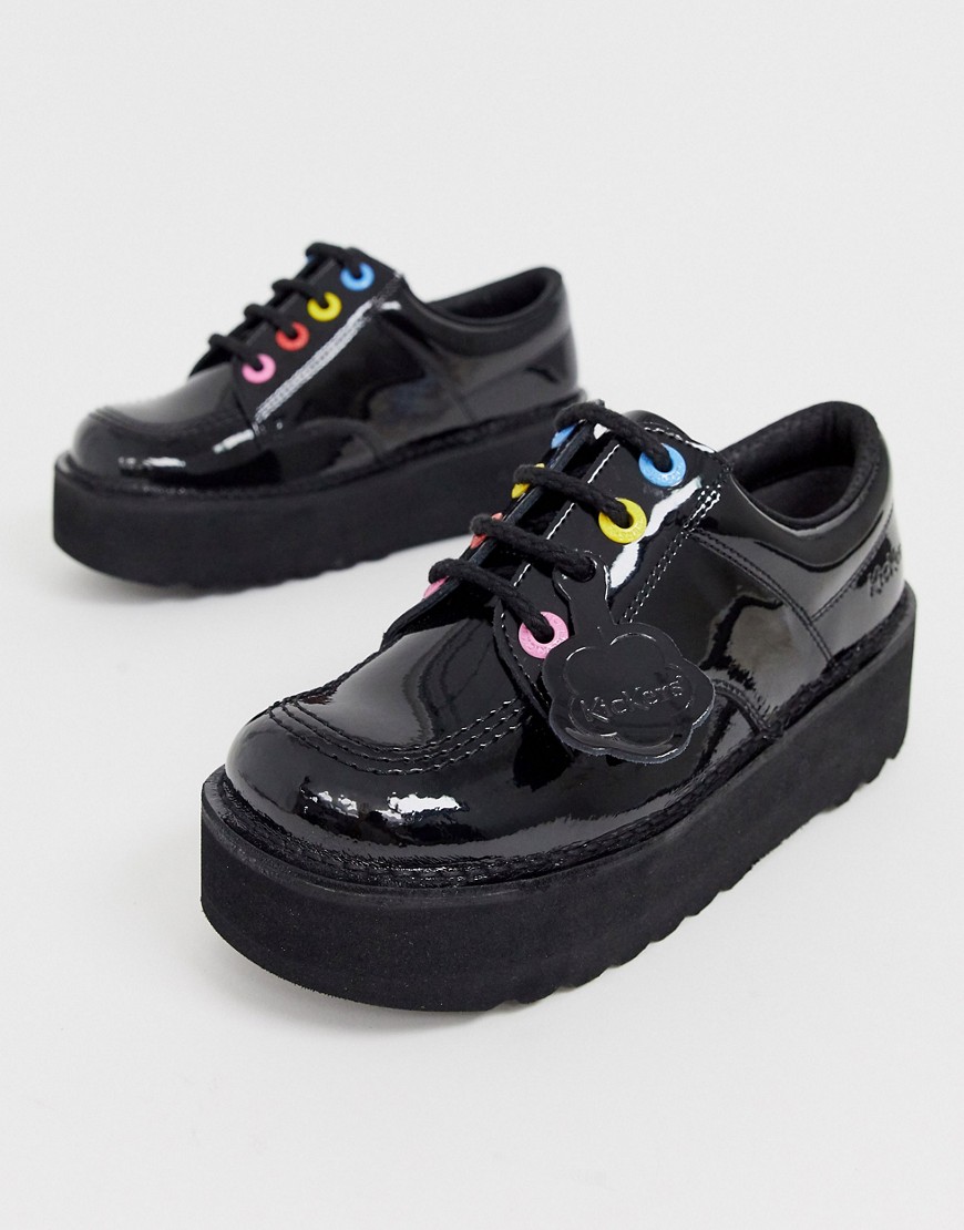 Kickers Kick Lo stack black leather patent flat shoes with multi colour eyelets