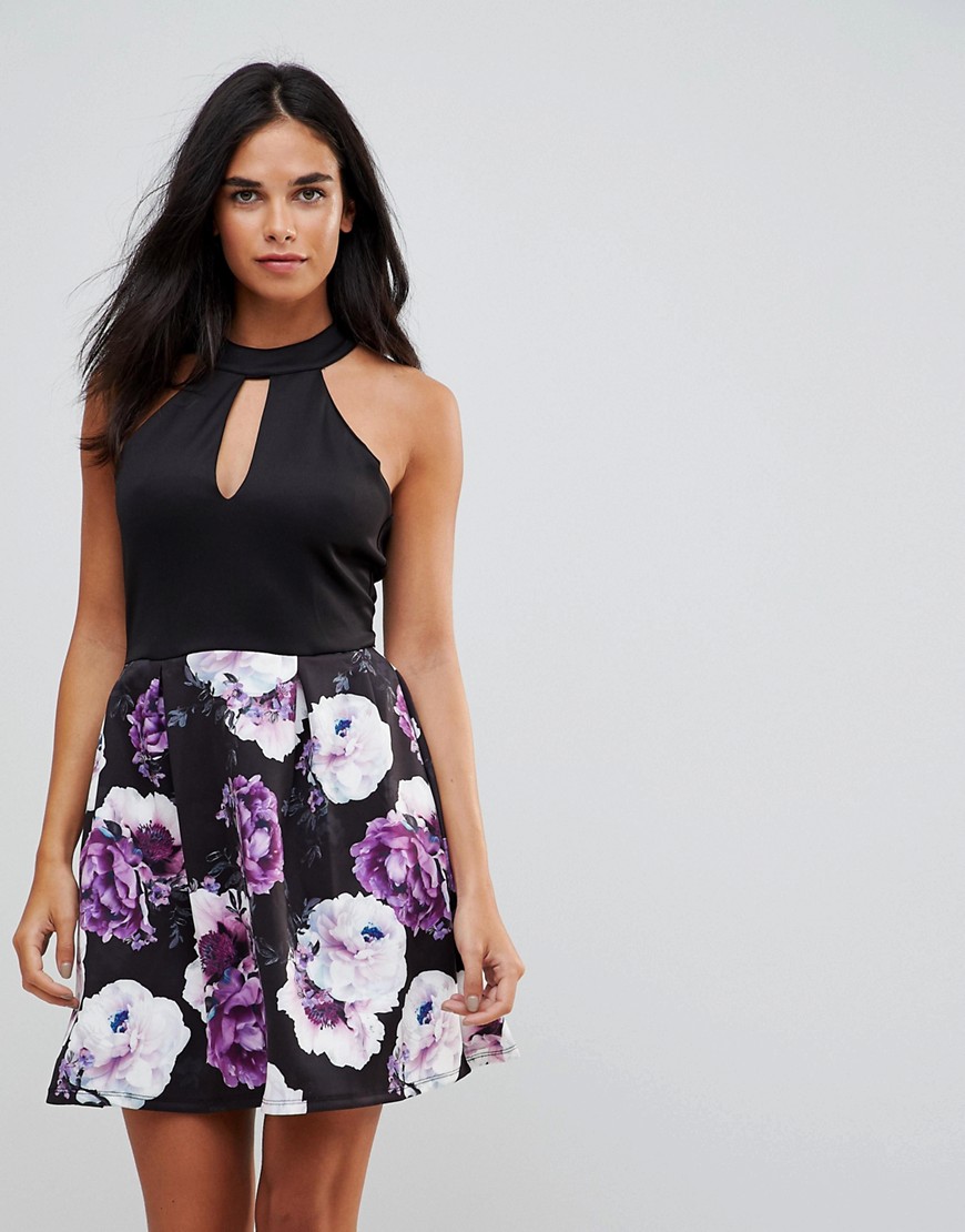 Wal G Keyhole Detail Dress with Floral Skirt - Black