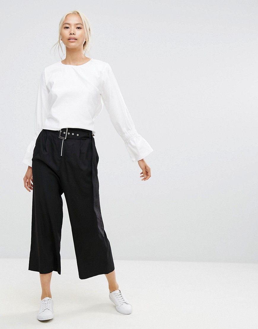 House Of Sunny Wide Leg Trousers With Eyelet Belt And Zip Detail - Black