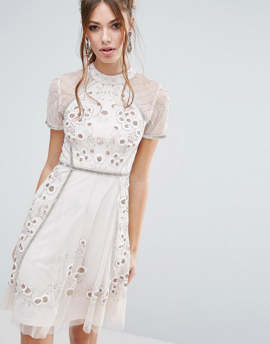 Frock and Frill Floral Embellishment Skater Dress - Nude