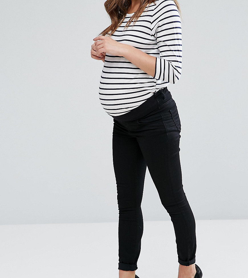 ASOS DESIGN Maternity Lisbon mid rise ankle grazer jeans in clean black with under the bump waistband