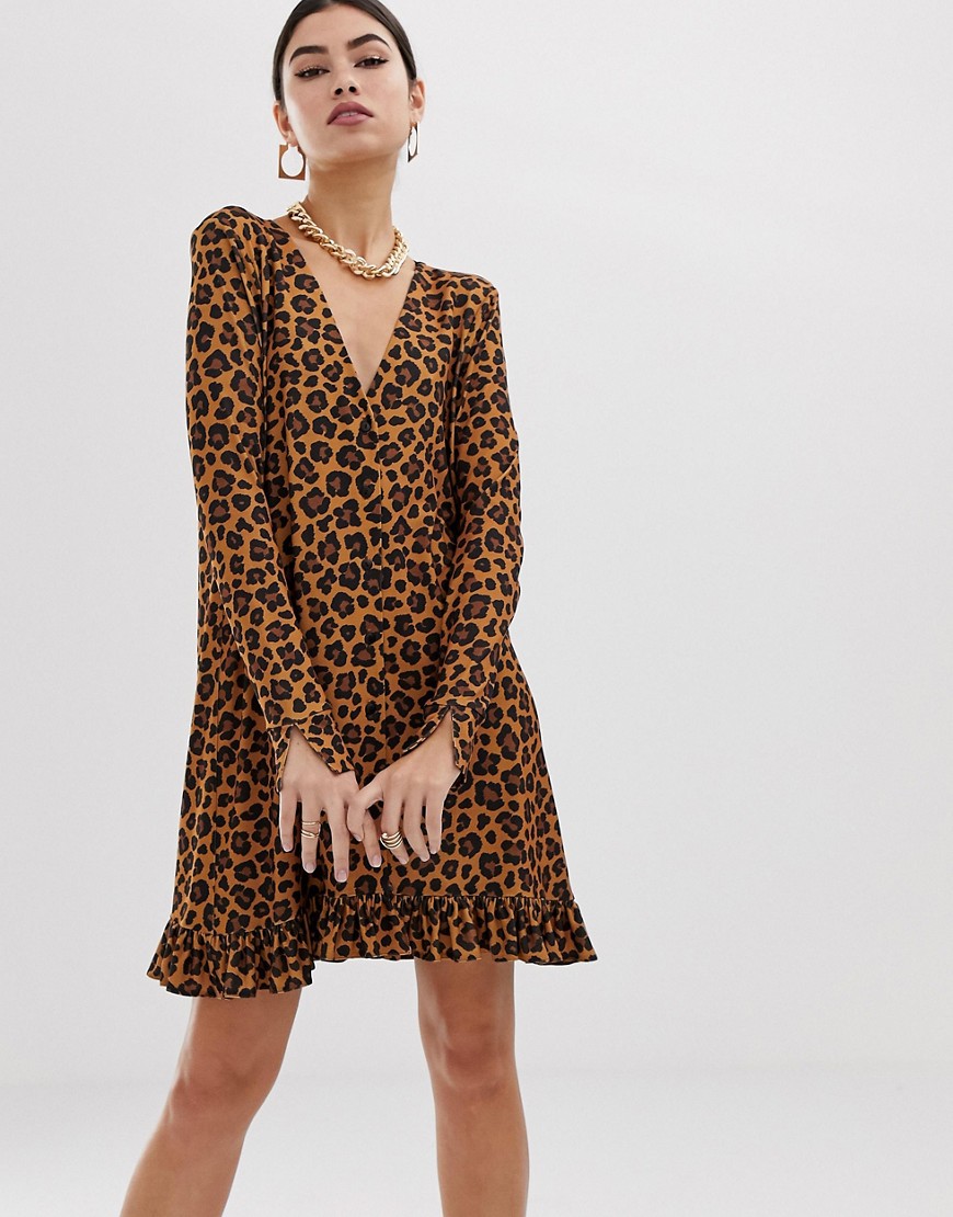 Asos Design Leopard Print Button Through Mini Dress-multi