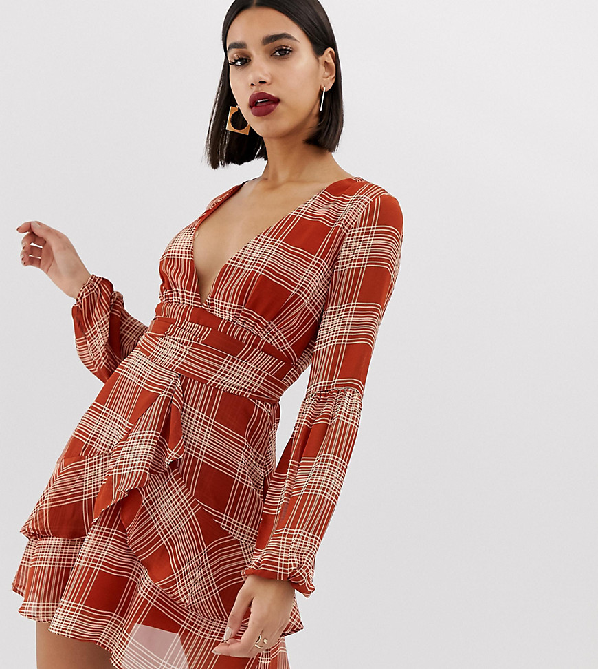 PrettyLittleThing plunge dress in rust check