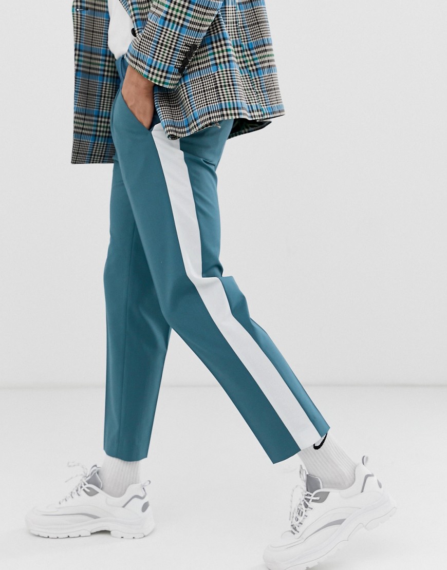 ASOS DESIGN slim crop smart trousers in teal blue with off white side stripe