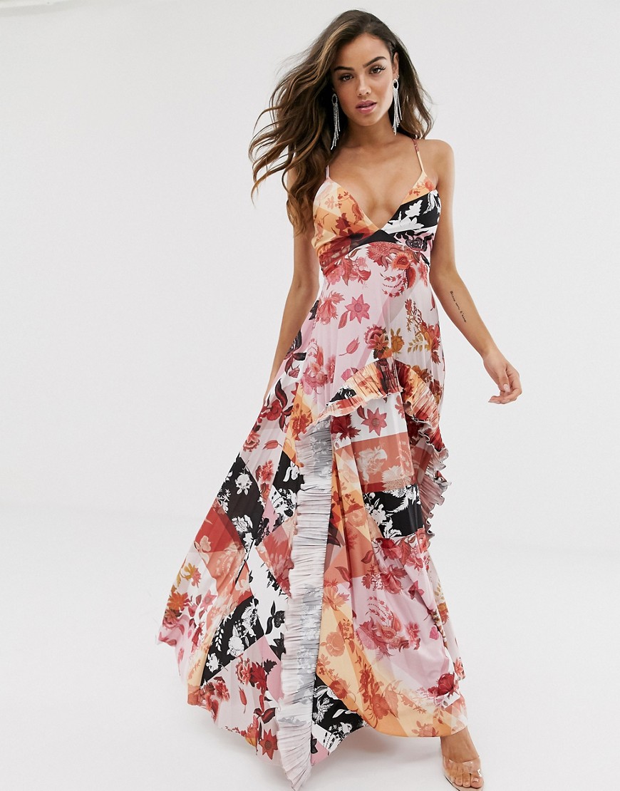 Asos Design Strappy Pleated Maxi Dress With Ruffle Pleat Detail In Floral-multi