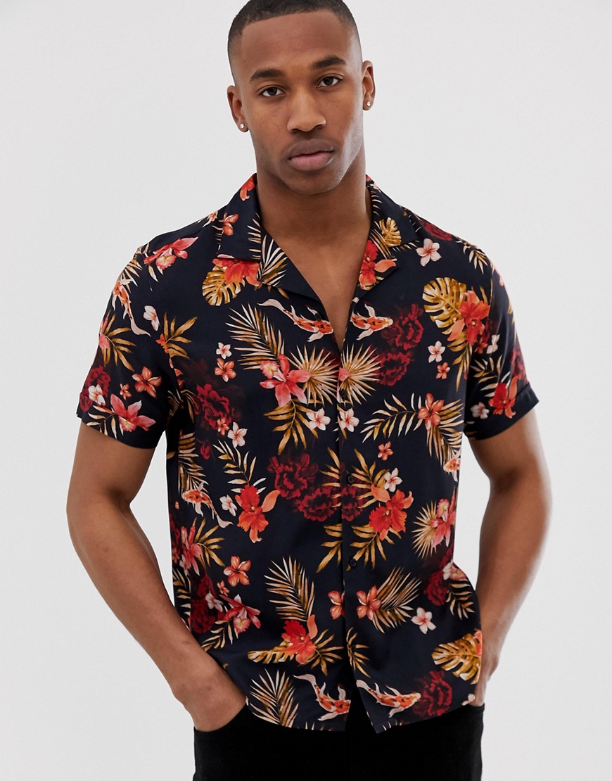 Burton Menswear revere shirt with koi print in black
