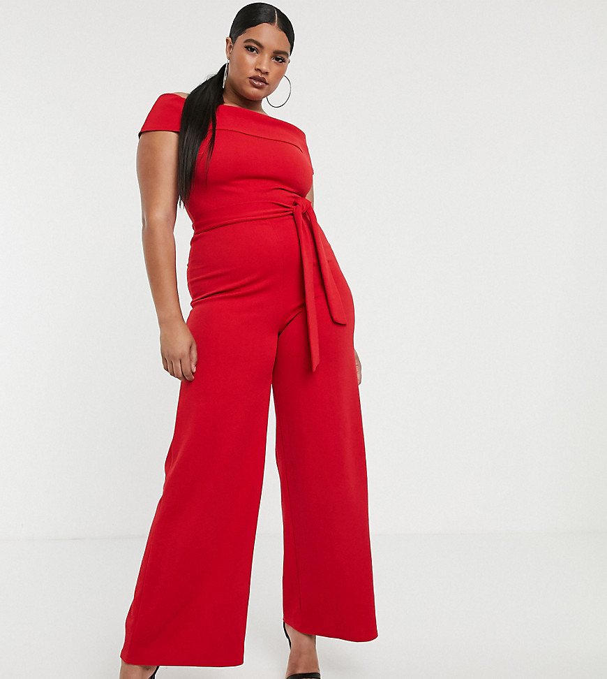 Boohoo Plus off shoulder jumpsuit with belted waist in red