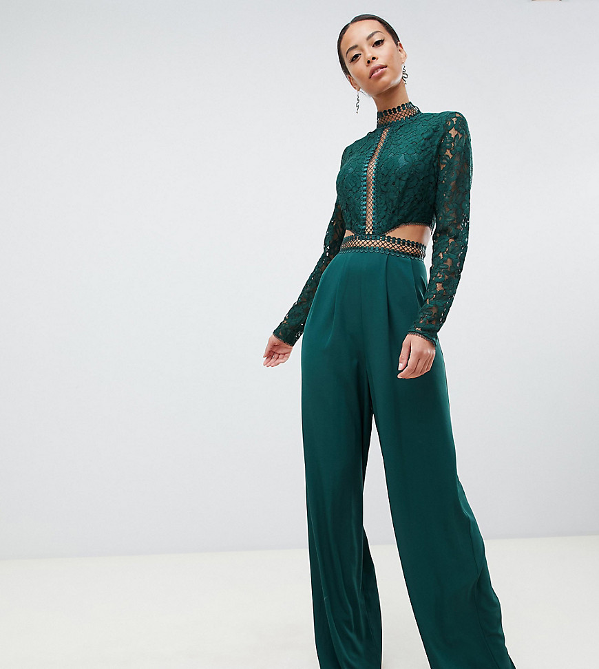 ASOS DESIGN Tall premium cut out lace jumpsuit - Dark green