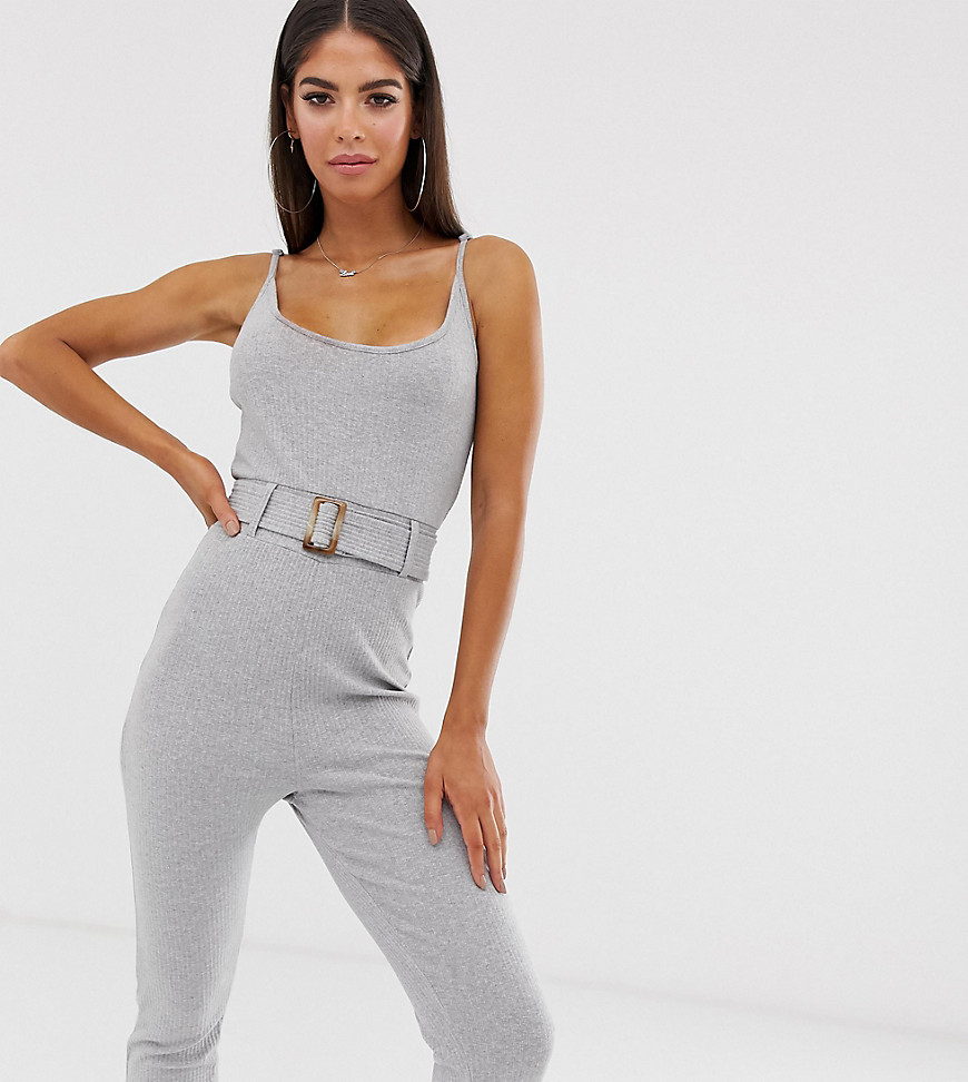 Missguided Tall ribbed jumpsuit with self belt in grey