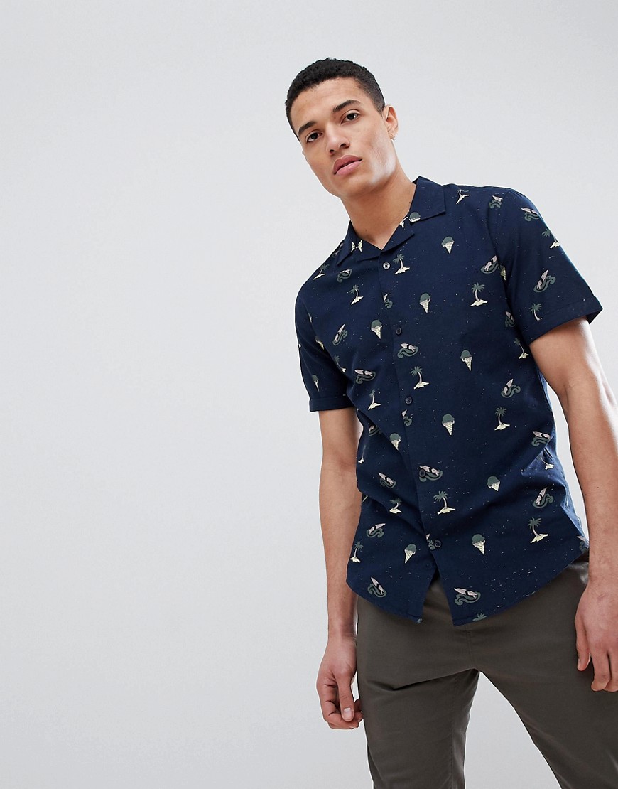 Only & Sons Printed Short Sleeve Shirt With Revere Collar - Dark sapphire