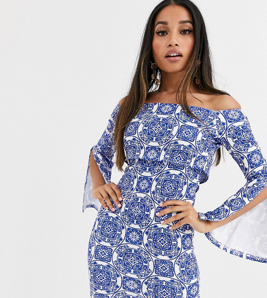 Missguided Petite bardot bodycon mini dress with split sleeves in porcelain print