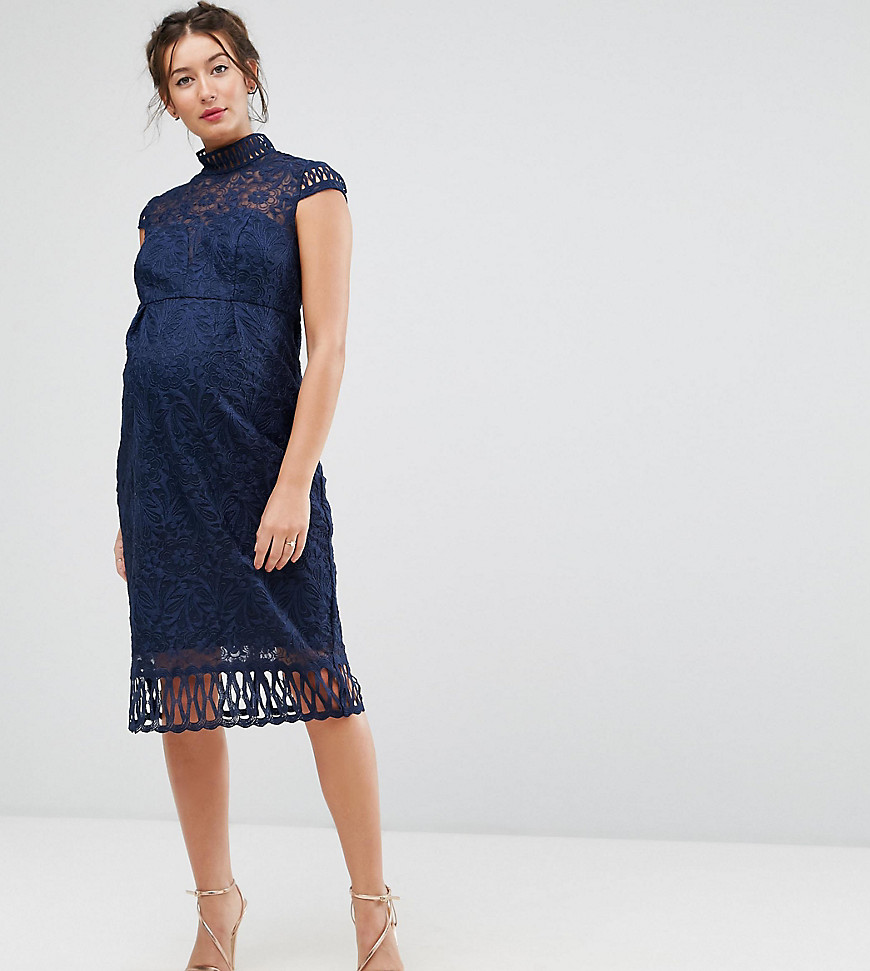 Chi Chi London Maternity Cap Sleeve Lace Pencil Dress in Cutwork Lace and High Neck - Navy