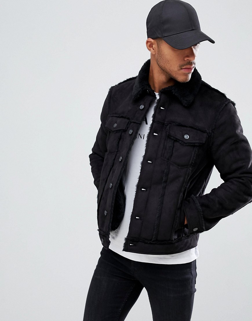 Armani Exchange faux shearling worker jacket in black - Black