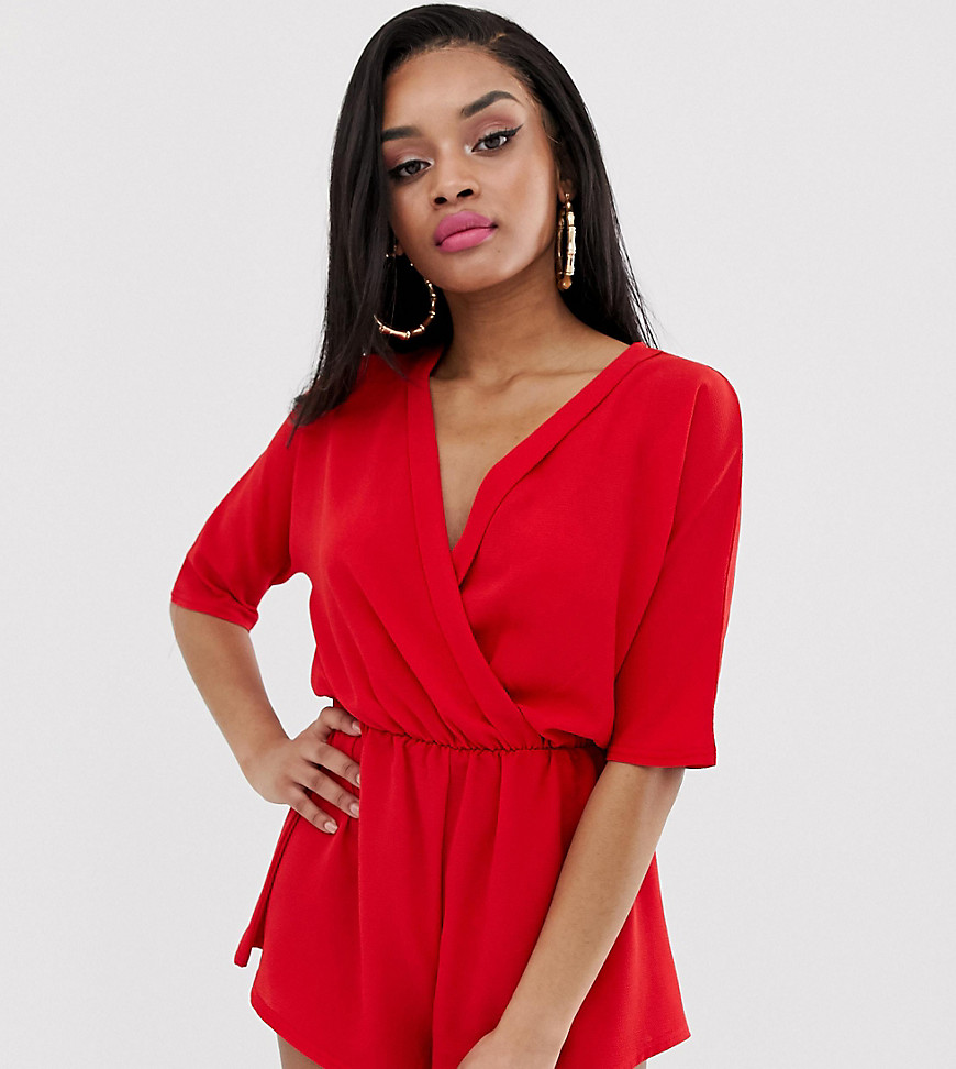 PrettyLittleThing Petite wrap playsuit in red