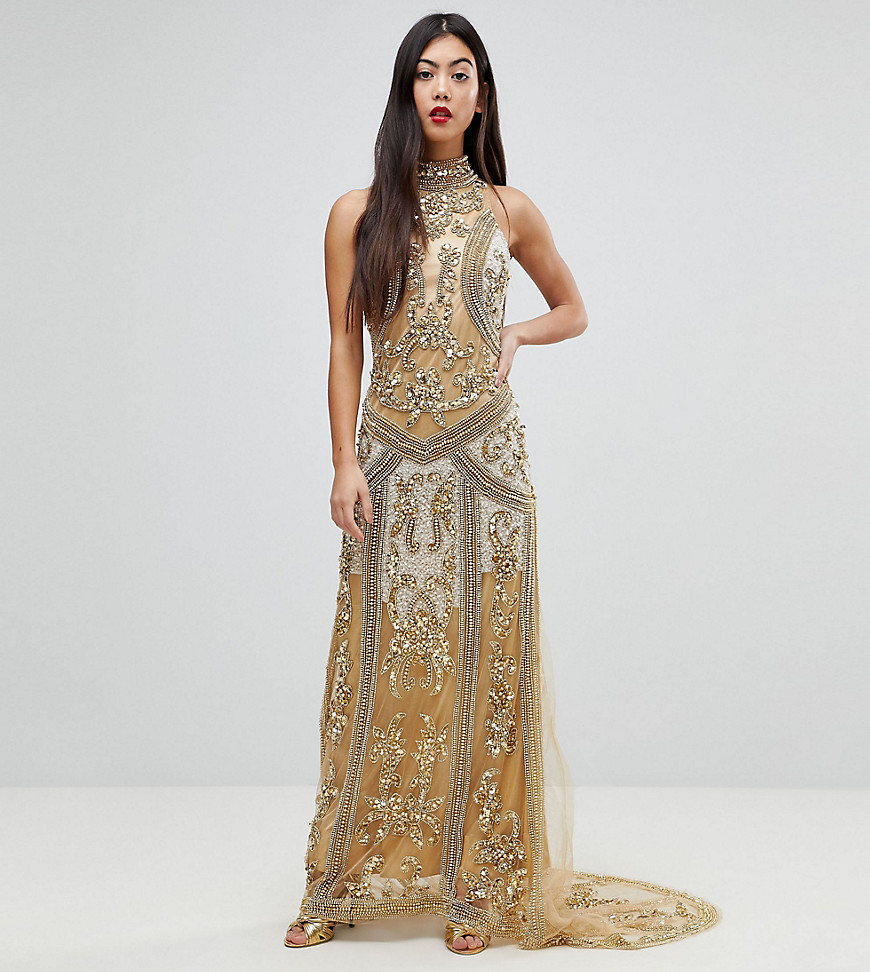 A Star Is Born Petite High Neck Maxi Dress With Allover Embellishment In Pattern - Gold