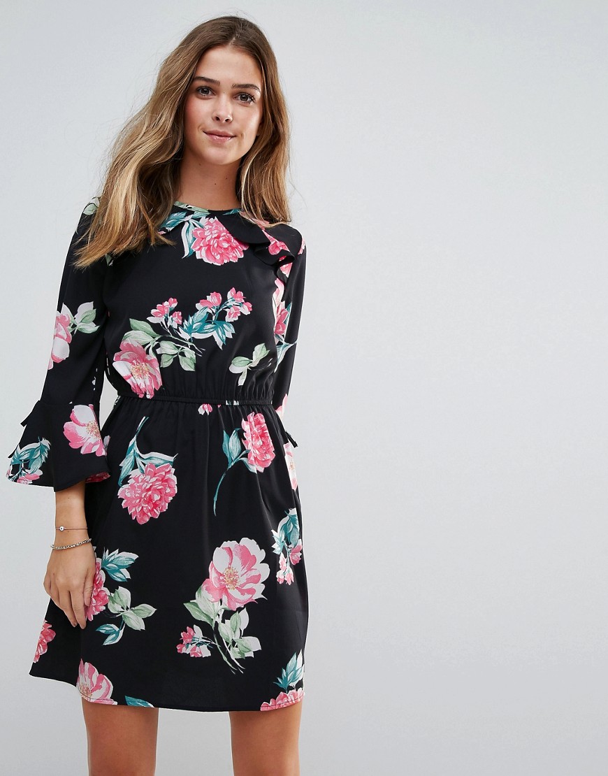 Influence Floral Open Back Dress With Ruffle Detail - Black