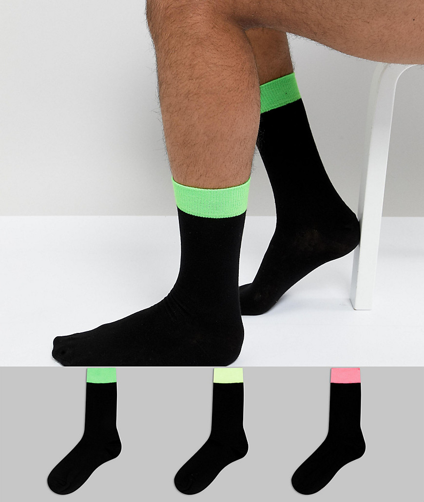 ASOS DESIGN socks in black with neon contrast welts 3 pack