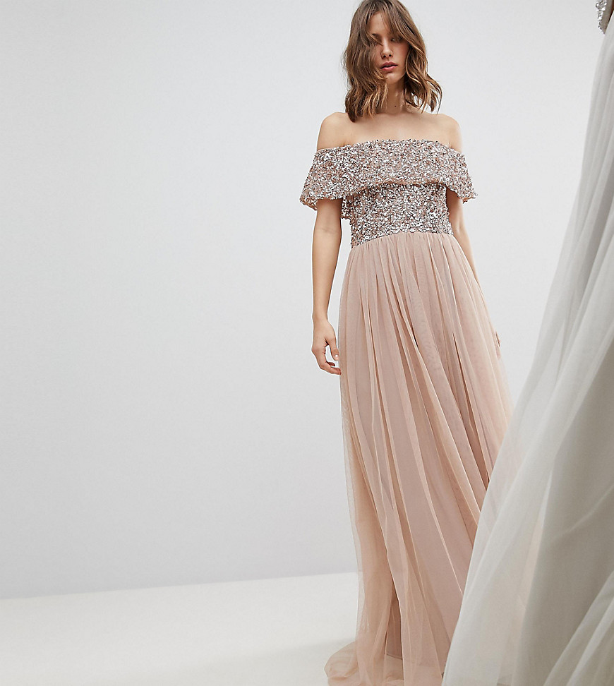 Maya Bardot Sequin Top Tulle Detail Dress With High Low Hem - Taupe blush