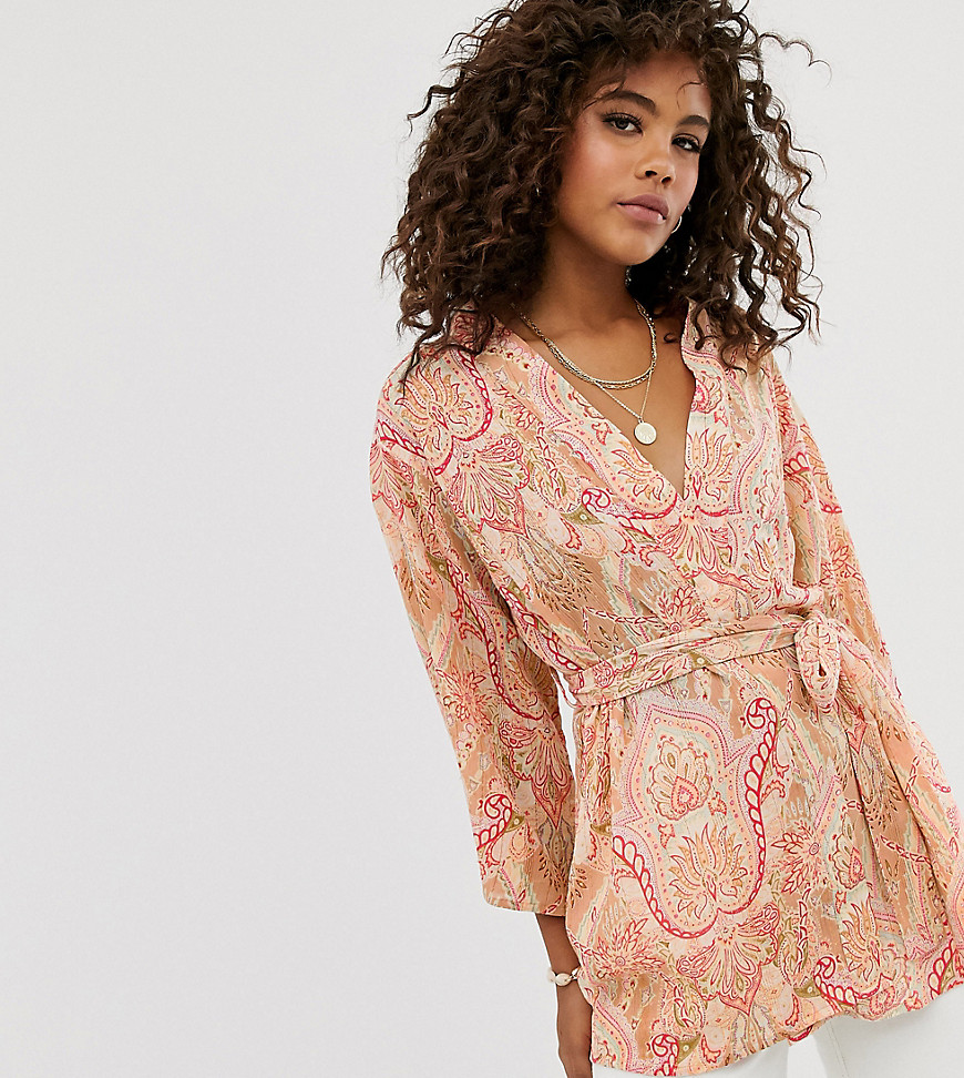 ASOS DESIGN Tall kimono with fluted sleeve in paisley print
