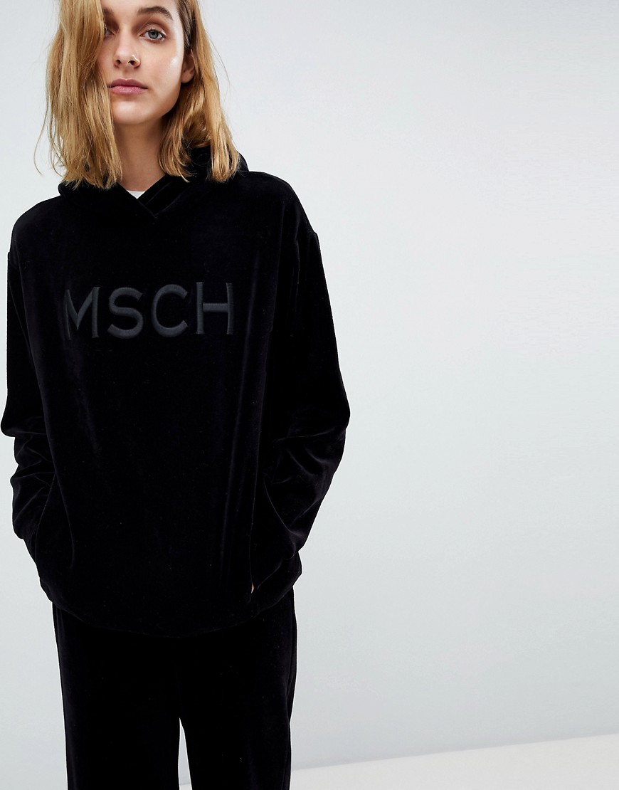 Moss Copenhagen Luxe Hoodie In Velour With Embroidered Logo Patch Co-Ord - Black