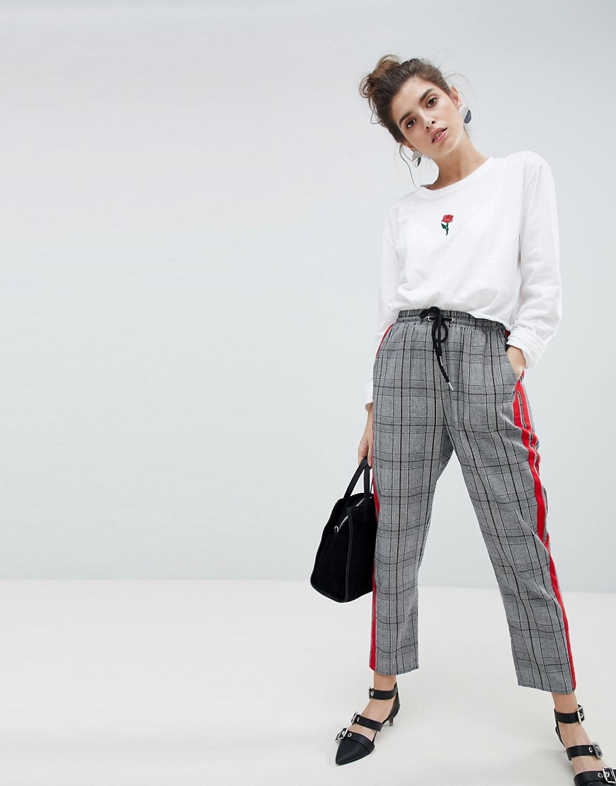 Neon Rose Cigarette Trousers With Sports Stripe In Prince Of Wales Check - Grey multi