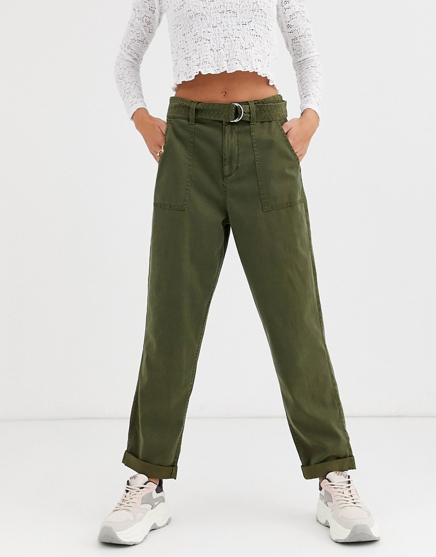Miss Selfridge utility trousers with belt in khaki