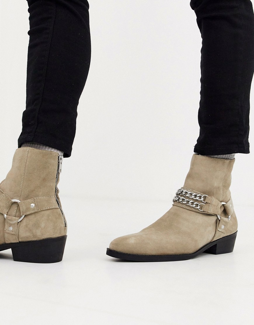 Asos Design Stacked Heel Western Chelsea Boots In Stone Suede With Buckle And Chain Detail-neutral