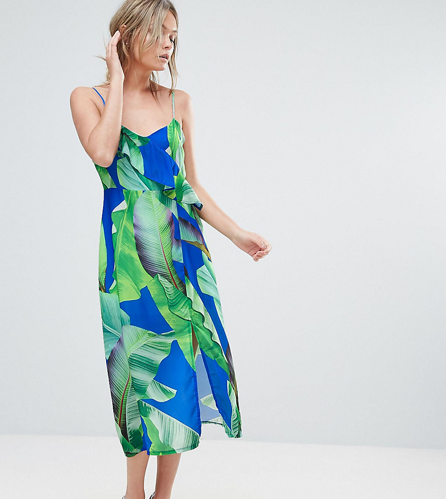 Every Cloud Palm Print Strappy Midi Dress With Thigh Split - Blue palm print