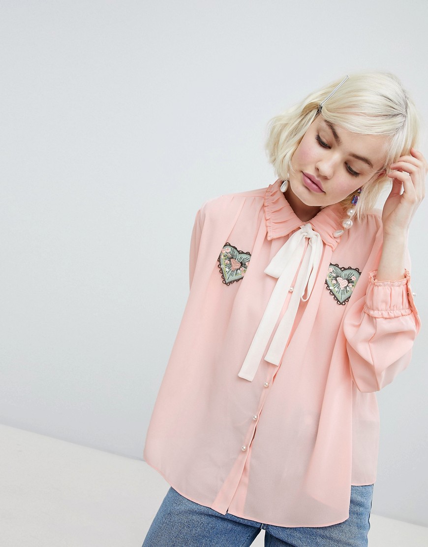 Sister Jane blouse with ribbon tie and heart patch detail - Peach